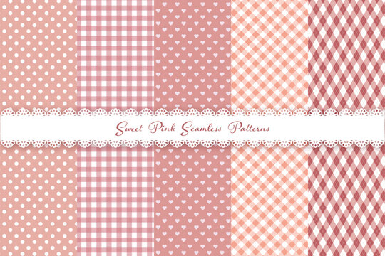 母の日 ピンクのシームレスパターンセット ギンガムチェック、ドット、ハートのパターン