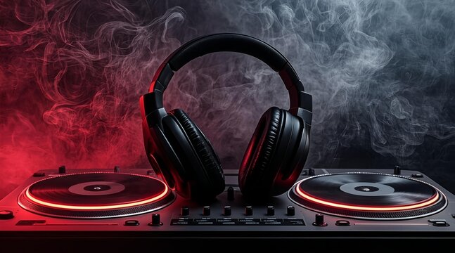 DJ setup with glowing red decks and headphones amidst smoke