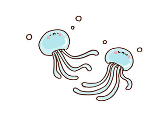 Two cute jellyfish floating peacefully in the water, healing and mental health concept © Chunu