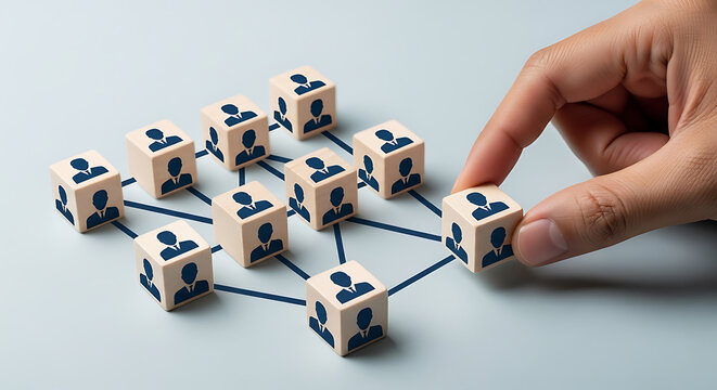 Hand connecting wooden cube with person icon to network, symbolizing social connection, teamwork, hr, and business collaboration, human resources