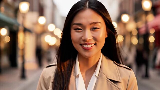 A serene young woman with a gentle smile stands on a blurred city street background