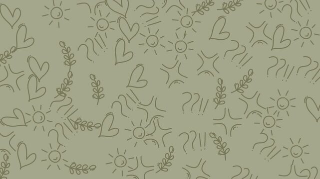 Repeating pattern featuring hearts, suns, stars, and branches ideal for festive designs, stationery, textiles, and gift wrapping. Creative and versatile.
