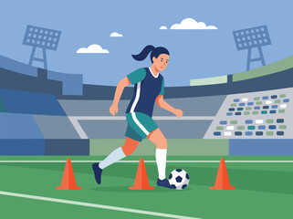 Young female soccer player practicing drills on a field. © alifia