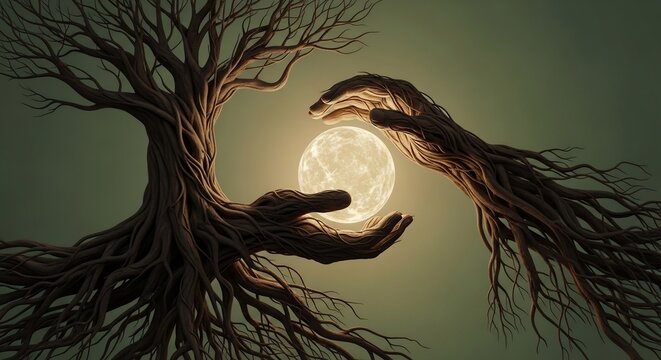 Mystical Tree Hands Holding Glowing Orb of Light.