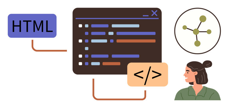 Web development, programming education, coding tools, software design, digital technology, user interface. Set of code blocks, HTML tag network diagram and person. Web development and programming