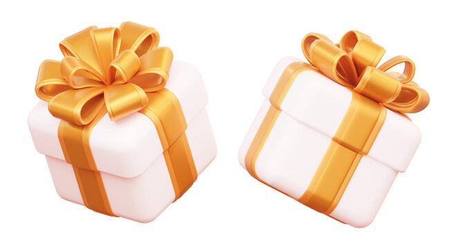 3D gift box duo with golden ribbon bows for festive packaging holiday promotion retail branding and premium celebration visuals on transparent background