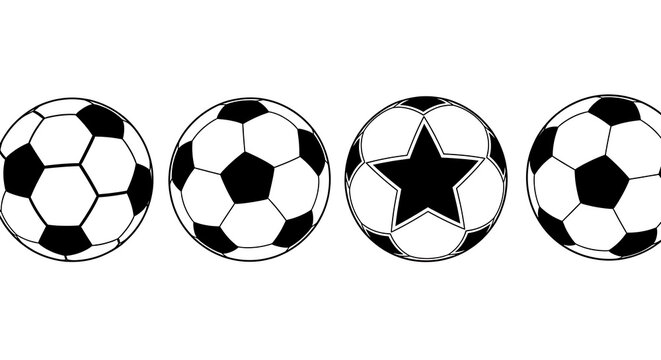 Line drawing of four soccer balls with classic hexagonal pattern variations with black and white