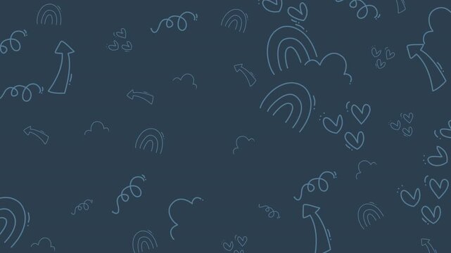 Blue doodle pattern with rainbows and arrows on a white background. Perfect for childrens products or stationery designs. Bright and whimsical.