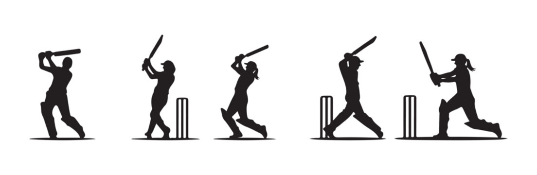 Female cricket player silhouettes depicting professional batting strokes and defensive stances