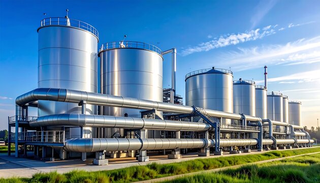Wide exterior view of modern clean hydrogen industrial plant under blue sky