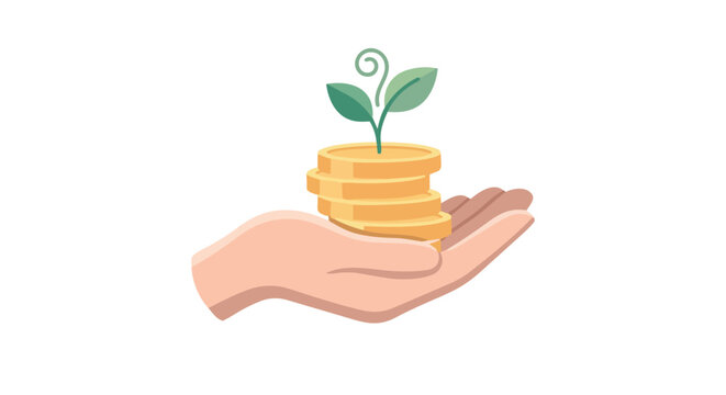 Hand holding stacked gold coins with a small green plant growing on top symbolizing financial growth savings investment