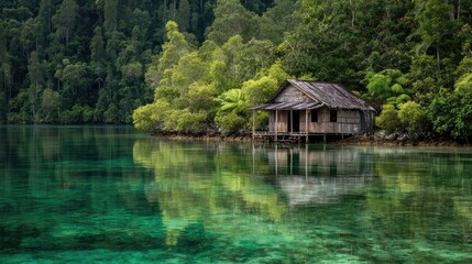 Obraz premium Serene Wooden Cabin on Calm Water Surrounded by Lush Green Forest in Tropical Paradise