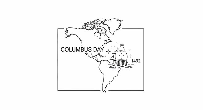Outline drawing of American continents with historic sailing vessel commemorating the 1492