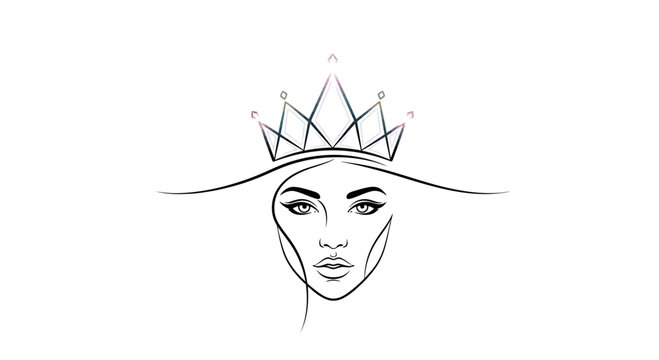 Elegant minimalist line art of a beautiful woman's face wearing a sparkling geometric crown