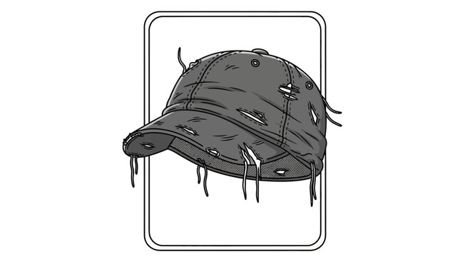 Gritty illustration of a heavily distressed baseball cap, showcasing urban resilience and worn-out
