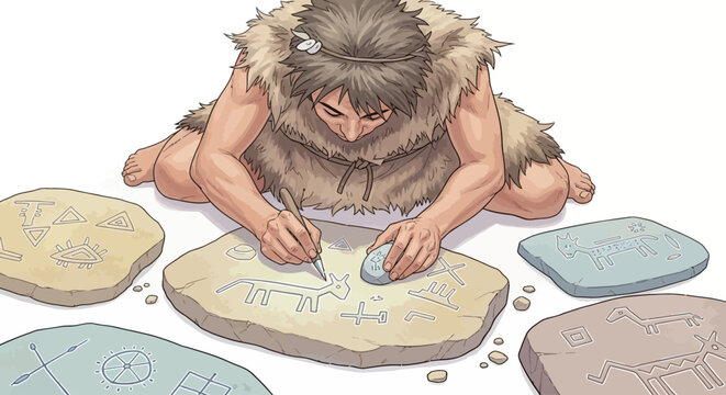 Caveman drawing on stone tablet.