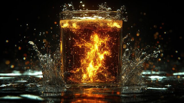 Fiery liquid in glass, splashing, dark background, advertising