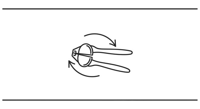 Graphic line art illustration of a functional kitchen nutcracker with directional arrows