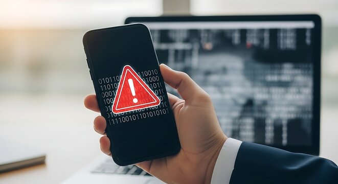 Hand holding smartphone with warning sign and binary code on screen phone screen mobile phone