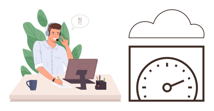 Customer service, technical support, data monitoring, communication, cloud technology, team efficiency. A man wearing a headset at a desk beside a cloud and speed dial. Customer service and data