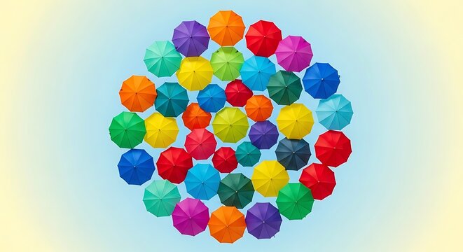 Colorful cluster of interconnected spherical objects arranged in a circular pattern. ombrelli