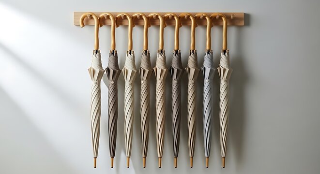 Nine umbrellas hanging neatly on a wooden wall-mounted rack for easy access. ombrelli
