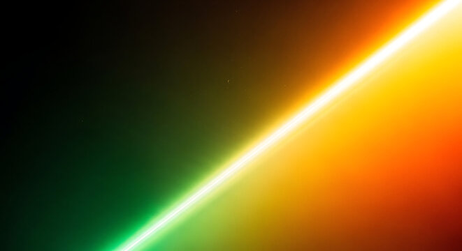 Dynamic diagonal light beam with gradient colors transitioning from green to yellow to orange to red with design element