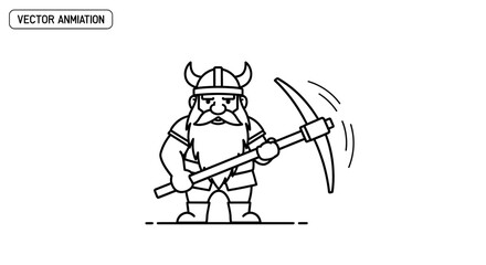 Obraz premium Stalwart bearded miner character in horned helmet wielding a pickaxe, ready for subterranean