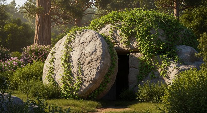 Ancient Tomb Entrance Covered in Lush Greenery and Vines.