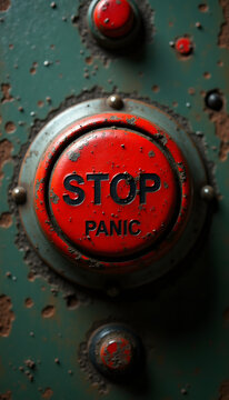 Red industrial emergency stop panic button close up