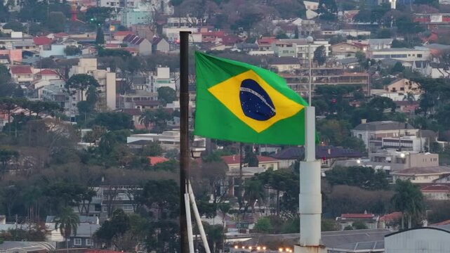 Brazil Flag Over Metropolitan Curitiba Southern Cityscape in Brazil