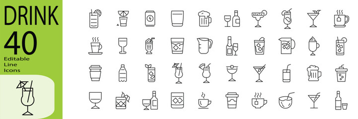 Drink icon set. Editable stroke. © Asap