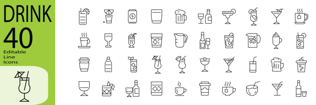 Drink icon set. Editable stroke.