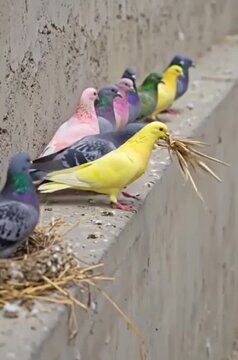 Colorful Pigeons and Yellow Canary Interacting on a Concrete Ledge with Nest
