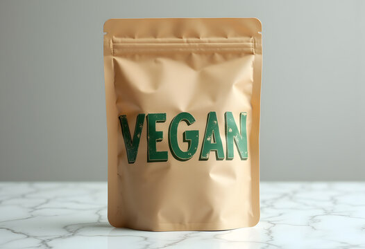 Vegan labeling on brown doypack food packaging standing on marble