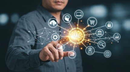 Fototapeta premium machine learning artificial intelligence digital transformation technology business automation innovation concept with professional man touching futuristic network of big data icons.