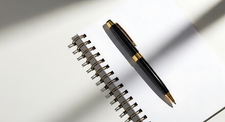 Naklejka premium Black executive pen with gold trim lies next to a silver spiral notebook binding on a clean white desk surface under bright direct sunlight today