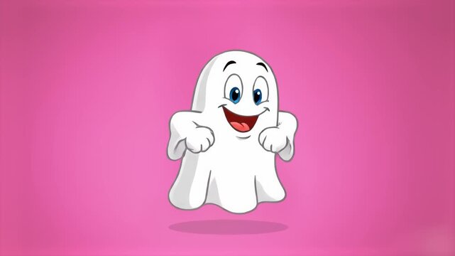 A friendly, smiling white ghost character standing on a vibrant pink background. This lighthearted 2D animation is perfect for whimsical Halloween content, playful storytelling for kids, and friendly 