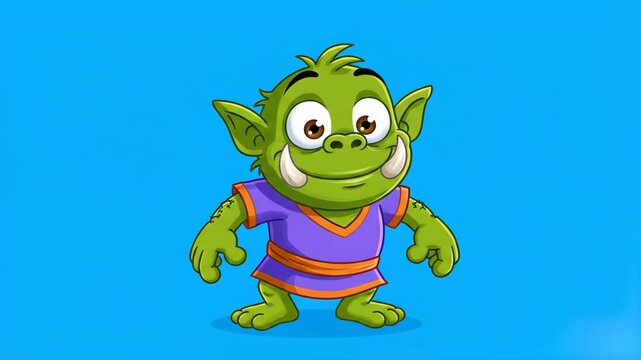 A friendly green monster or orc character with tusks and purple clothing standing against a solid blue background. This 2D character design is suitable for mobile games, children's apps, or educationa