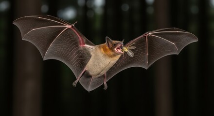Obraz premium Small mammal predator captures flying insect during nocturnal flight