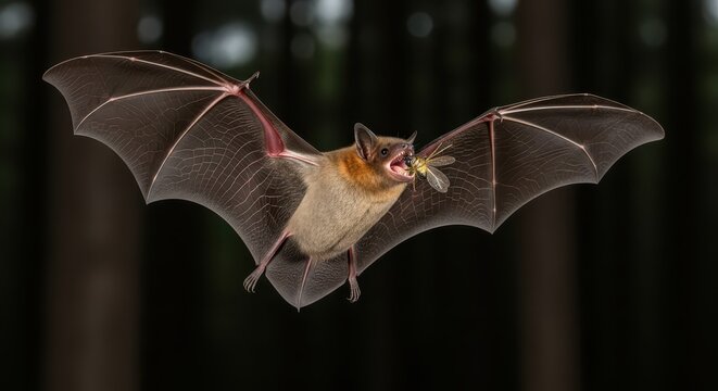 Small mammal predator captures flying insect during nocturnal flight