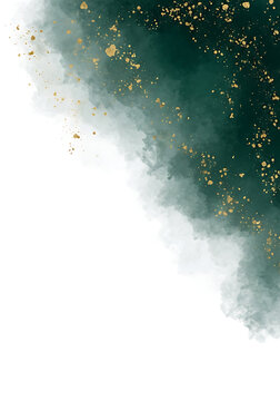 Abstract watercolor splash with gold glitter on dark teal background, elegant liquid ink texture for design, artistic and luxurious background