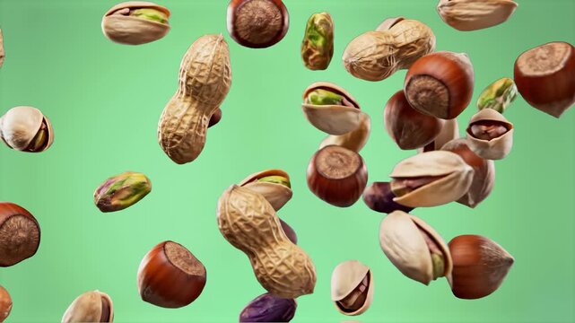 A variety of shelled and unshelled nuts, including peanuts, pistachios, and hazelnuts, float and tumble against a soft green background. This dynamic food image is perfect for nutrition, snack marketi