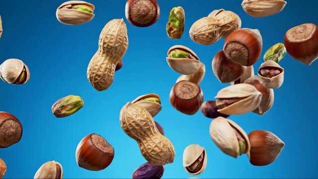 Various nuts like peanuts, pistachios, and hazelnuts falling against a clean blue background. This high-quality 3D render is ideal for healthy food advertising, snack packaging, and nutritional videos
