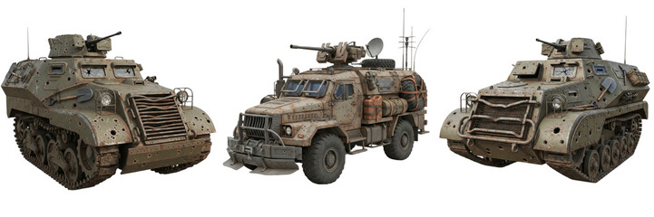 Set of heavy armored military vehicles, tactical desert camouflage tanks and troop carriers...