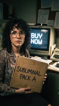 Woman holding box labeled subliminal in office with computer displaying buy now message. Hypnosis and mind control manipulation theme. Consumerism, brainwashing and dark psychological study.