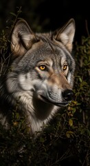 Obraz premium Majestic canine predator peers intently from deep within shadowed foliage.