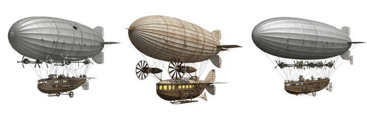 Fantasy Steampunk Airship Collection - Vintage Zeppelin with Wooden Gondola Isolated on White © nova