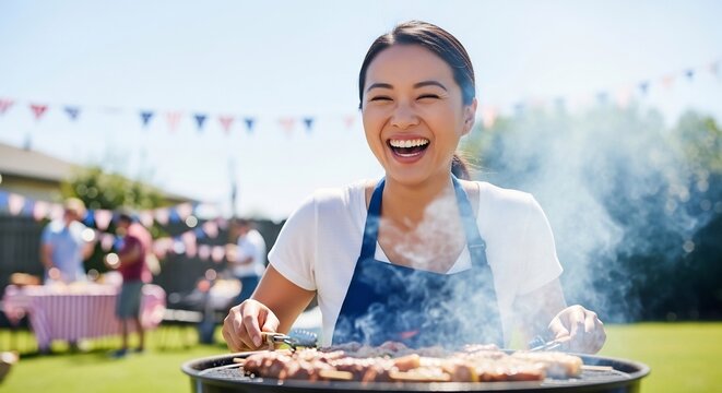 Happy Asian Woman Grilling Food Outdoors at a Summer Barbecue Party.