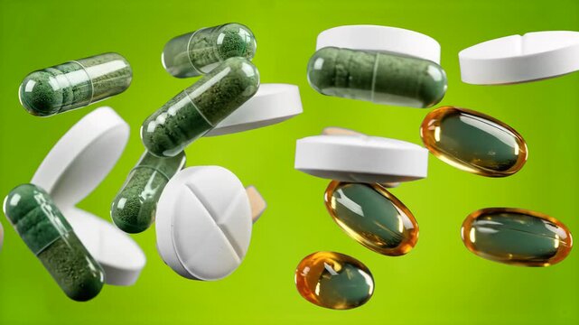 Green translucent capsules and solid white tablets falling and spinning on a bright lime green background. Ideal for natural supplement branding, organic medicine, or pharmaceutical marketing.